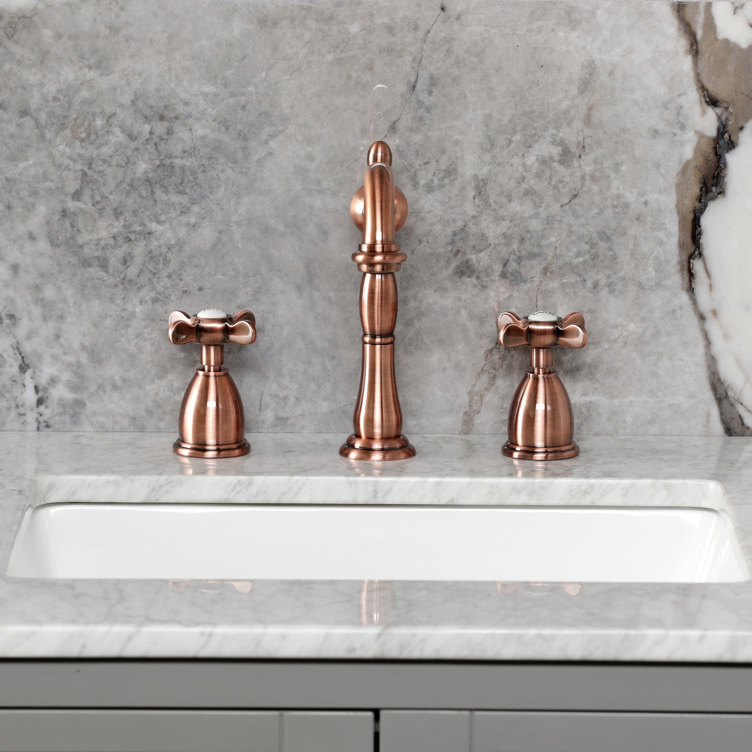 Kingston Heirloom KB197BEXAC - Essex Two-Handle 3-Hole Deck Mount Widespread Bathroom Faucet with Brass Pop-Up, Antique Copper — thumbnail 3